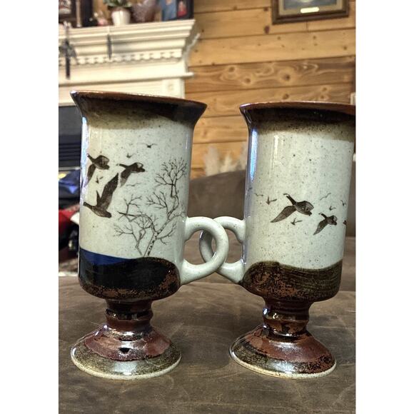 Two Vintage Otagiri Studio Pottery Footed Handle Geese Mugs - Picture 3 of 6
